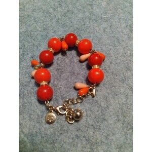 Beaded Charm Bracelet Orange Red‎ Gold Tone Statement Jewelry